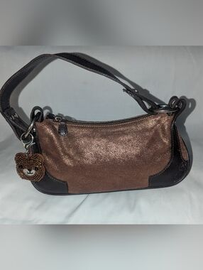 Tano Metallic Bronze Suede Baquette With Leather Trim Bag with Bear Charm Y2K